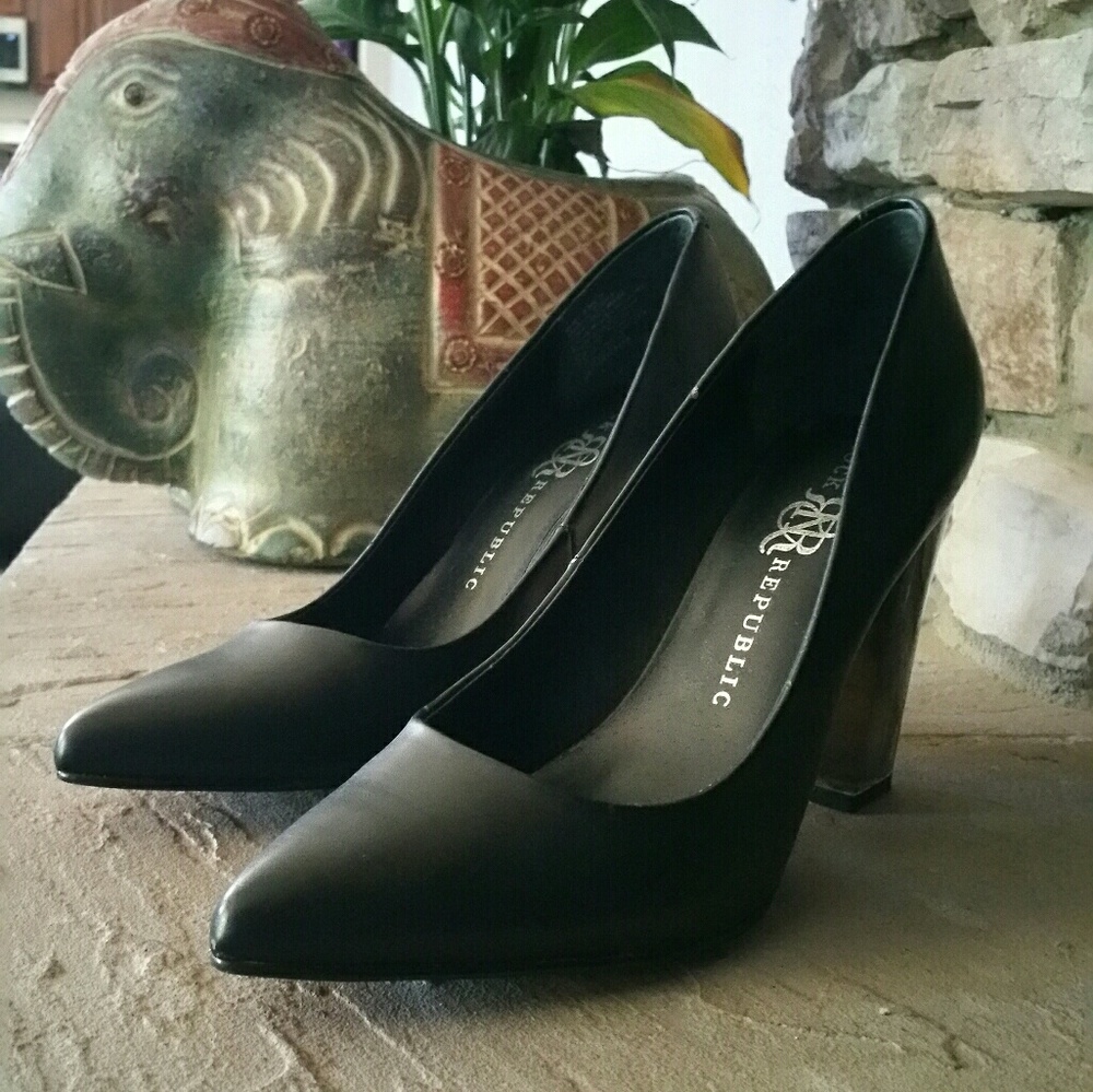 RR Black Leather Pumps with Clear Square Heel